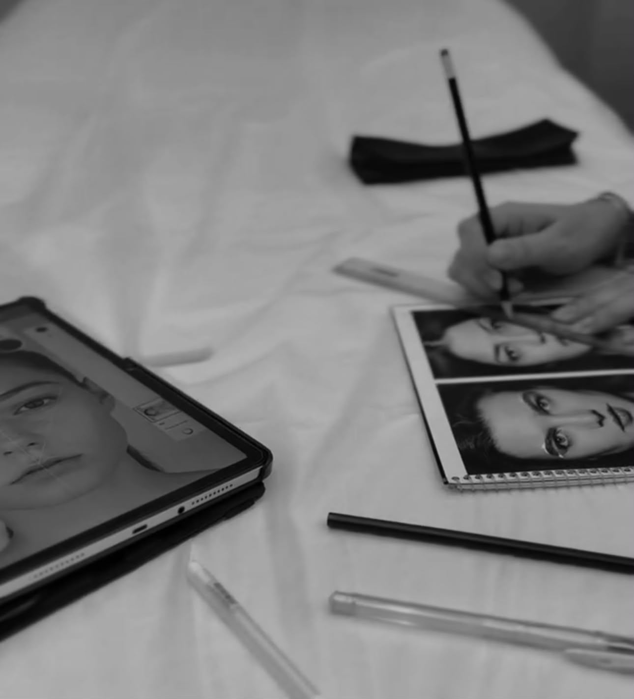 Treino de desenho de sobrancelhas sobre fotografias